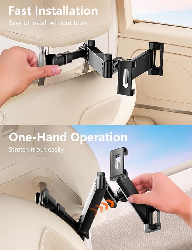 Tablet Holder for Car Headrest, ipad Car Holder Back Seat [3 in 1 Extension Arm], 360° Rotating Adjustable Road Trip Essentials for 4.7-11" iPad Pro, Air, Mini, Galaxy, Fire