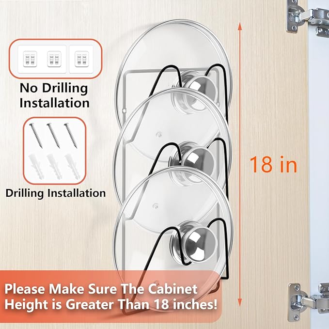 2 Pack Pot Lid Organizer Rack, 6 Tier Hanging Pot Lids Holder Inside Cabinet Door, No Drilling Adhesive Wall Mounted Pan Lid Organizer, Kitchen Cooking Lid Storage Rack for Cupboard (Black)