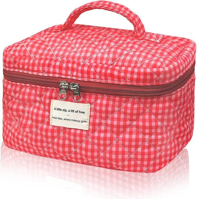 Large Makeup Bag, Cute Cosmetic Bag for Women Girls, Floral Coquette Aesthetic Toiletry Bag, Travel Make Up Organizer Bag(Red Checkered)