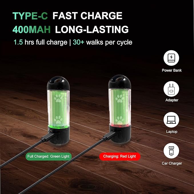 2-Pack Dog Poop Bag Holder with Flashlight 7-Color, USB-C Rechargeable doggie bag holder for leash, IPX6 Waterproof Anti-Slip Clip Pet Waste Bag Dispenser for Walking (60 Bags Included)