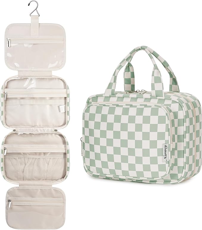 Narwey Hanging Toiletry Bag for Women Travel Checkered Makeup Bag Organizer Toiletries Bag for Travel Size Essentials Accessories Cosmetics (Mint Green Checkerboard (Medium))