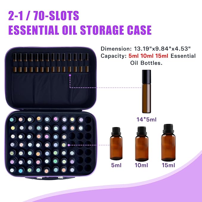 EVA Essential Oil Storage Carrying Case, 70 Bottles, Essential Oils Box for 5ml 10ml 15ml Roller Bottles Travel Storage Organizer Bag for doTERRA & Young Living (Flower Pattern)