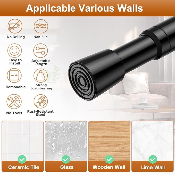2 Pack Spring Tension Curtain Rod for Windows 26 to 39 inch Black Small Tension Rod Adjustable Spring Curtain Rods No Drilling Short Tension Rod for Kitchen, Closet, Bathroom, Bookshelf