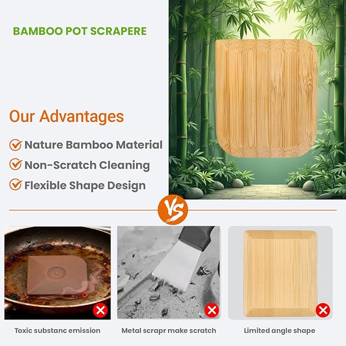 Bamboo Pan Scraper Tool (Pack of 6), Size 2.8" x 2.4" Eco-Friendly Pot Scraper,Clean Pans, Dishes, Bowls, and Plates, Removes Food Effectively Without Scratching