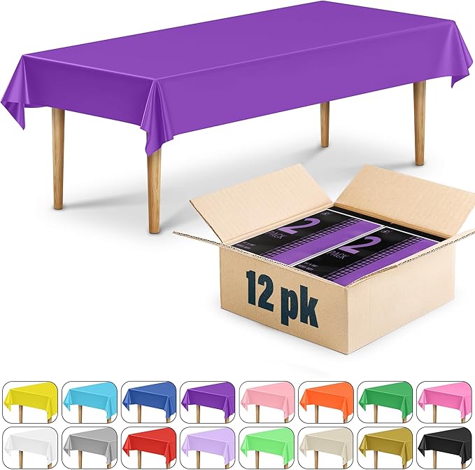 DecorRack 12 Rectangular Tablecloths BPA-Free Plastic, 54 x 108 inch, Dining Table Cloth, Rectangle Table Cover for Parties, Picnic, Camping and Outdoor, Disposable or Reusable, Purple (12 Pack)
