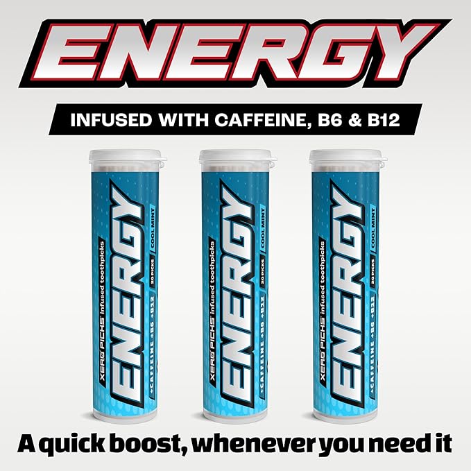 Xero Picks Energy Caffeine Flavored Toothpicks B12 for Focus & B6, 60 Picks (Pack of 3) (Cool Mint) Sugar-Free Alternative to Energy Mints & Gum - Kosher