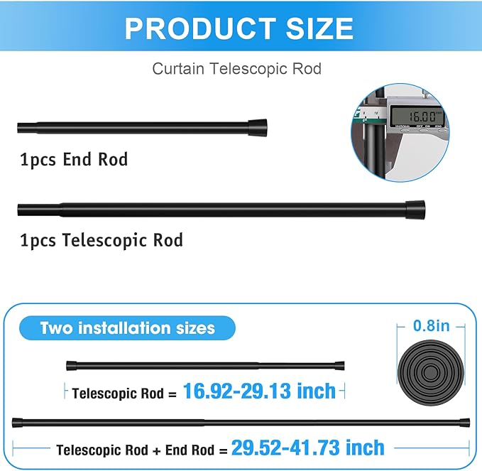 2 Pack Spring Loaded Tension Rod 17-41" Adjustable Curtain Rods No Drill Extendable Spring Rod Tension Curtain Rods For Window Kitchen Shelves Rv Refrigerator And Small Spaces,Black
