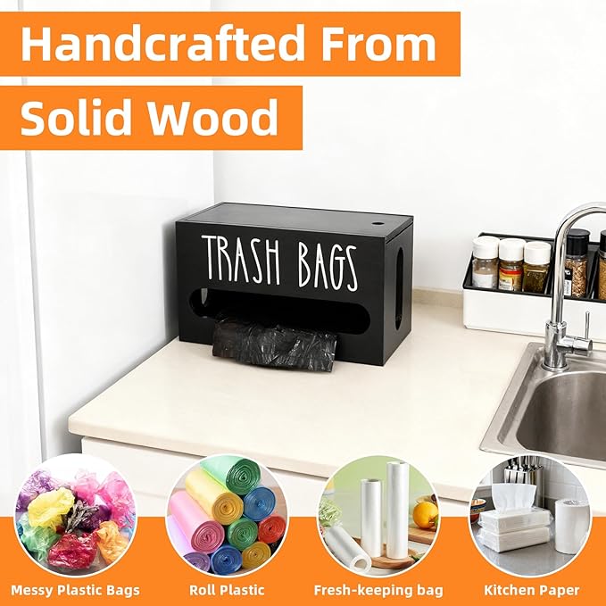 Trash Bag Dispenser, Wall Mounted, Small Wood Trash Bag Holder, used in kitchen, garage, laundry room, can store environmentally friendly food bags and garbage bags (Black/Small)