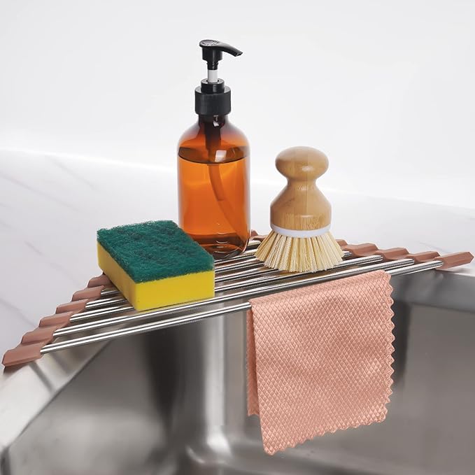 Tomorotec Triangle Roll-Up Dish Drying Rack for Sink Corner Small Foldable Stainless Steel Over The Sink Multipurpose Kitchen Drainer Caddy Trivet Rustproof Storage Shelf (Chocolate Brown)