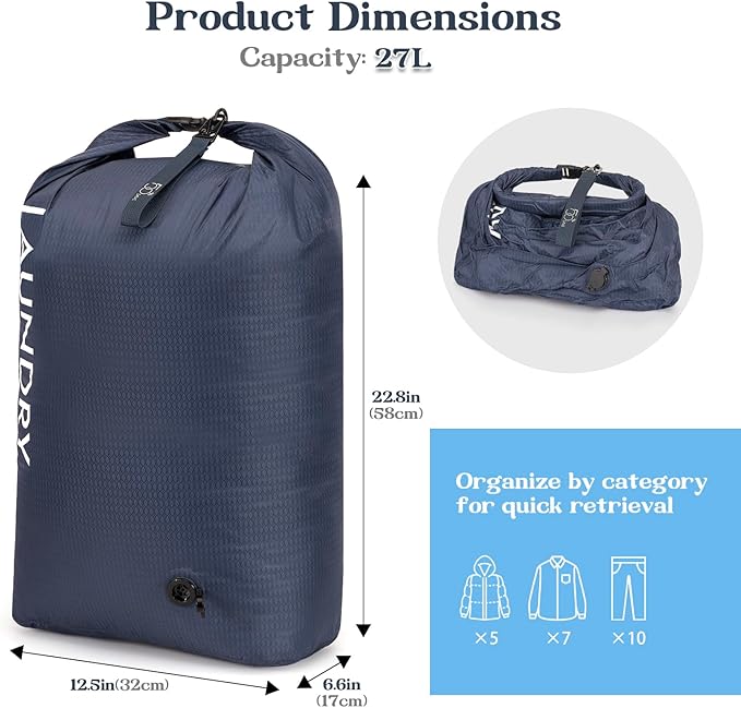 Travel Laundry Bag, Vacuum Compression Dirty Clothes Travel Bag, Waterproof Wet/Dry Space-Saving Laundry Storage Organizer, Smell Proof Storage Bag for Clothing, Swimming, Yoga, Gym, Camping