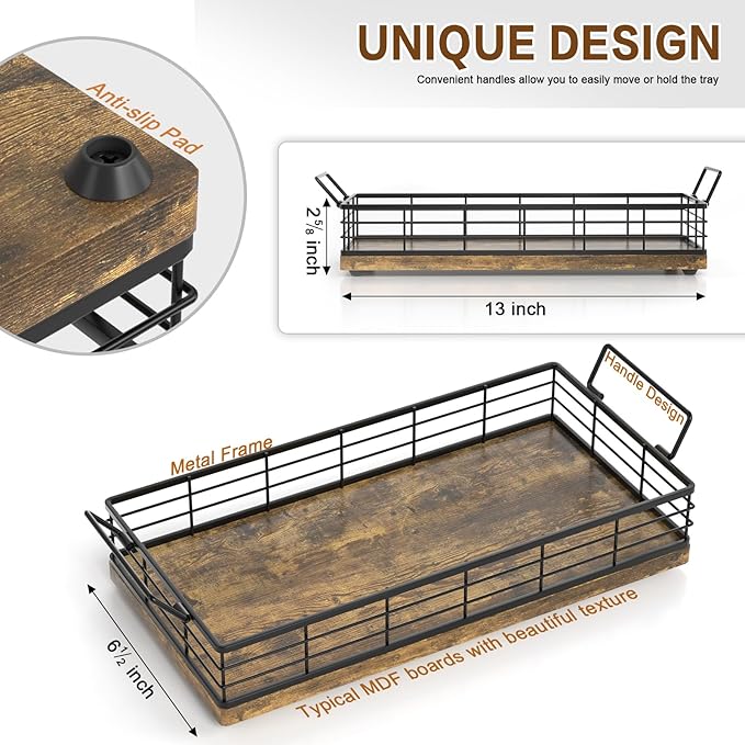 Toilet Paper Basket, 13 Inch Farmhouse Bathroom Basket MDF and Iron Tray Top of Storage Toiletries Organizer for Bathroom, Living Room and Kitchen (Rusty)