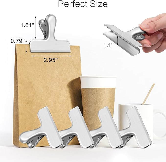 24 Pack Bag Clips, Heavy Duty Chip Clips, Stainless Steel Chip Bag Clip, for Kitchen and Office to Seal Coffee Bags, Paper Sheets, Metal Clip Air Tight Seal - 3 Inches (Silver)