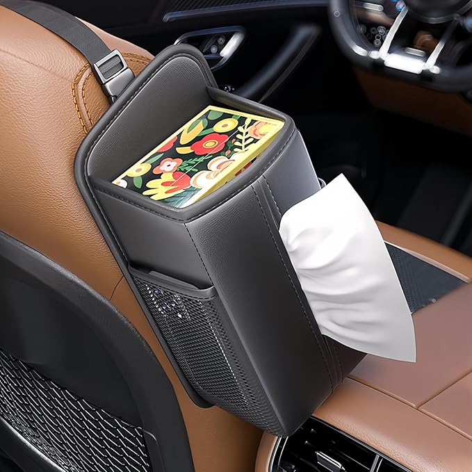 Tumecos Car Storage Organizer for Front and Back Seat,Rectangle Car Tissue Box Holder,Side Mount Hanging Bags with 2 Mesh Pockets,Waterproof Consoles Organizers,Napkin Cover