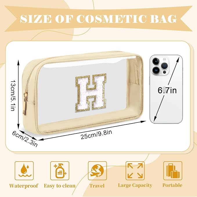 Personalized Initial Letter Clear Makeup Bag, Preppy Small Nylon & PVC Cosmetic Zipper Bag with Chenille Letter, Portable Beach Travel Skincare Toiletry Bag, Trendy Monogram Gift for Teen Girls Women, H