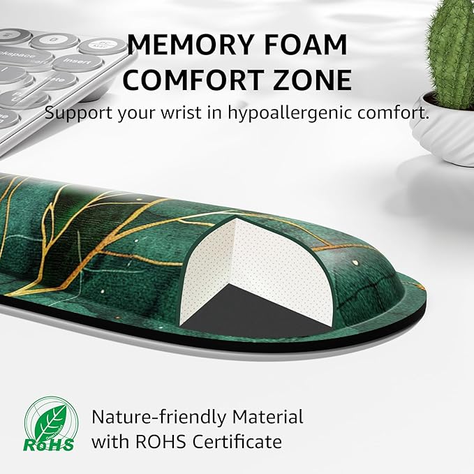 KTRIO Ergonomic Keyboard Wrist Rest and Mouse Pad with Wrist Rest Set, Memory Foam Wrist Support for Typing, Gaming, Office and Home Use, Green Leaves