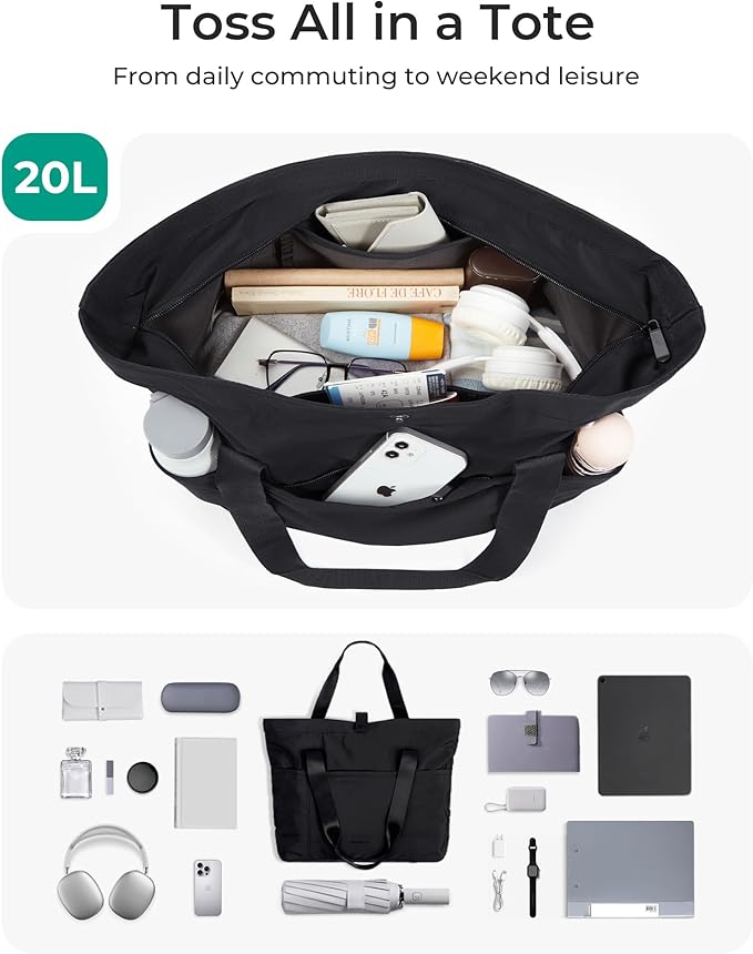 BAGSMART Tote Bag for Women, Foldable Tote Bag With Zipper Travel Large Shoulder Bag Handbag for Work-16.5''l X 6''wx 14''h
