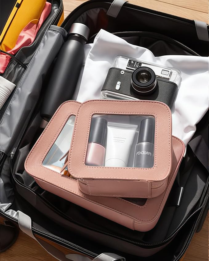 2 Pcs Travel Clear Makeup Bag Set, Clear Pink Makeup Organizer with Zipper Leather Travel Bags for Toiletries Small Cosmetic Bags for Women Mini Make up Pouch Toiletry Bags Car Essentials