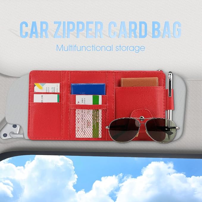 Car Sun Visor Organizer, Auto Interior Accessories Pocket Organizers, Personal Belonging Storage Pouch Organizer, Pouch Holder with Multi-Pocket Net Zippers (Red)