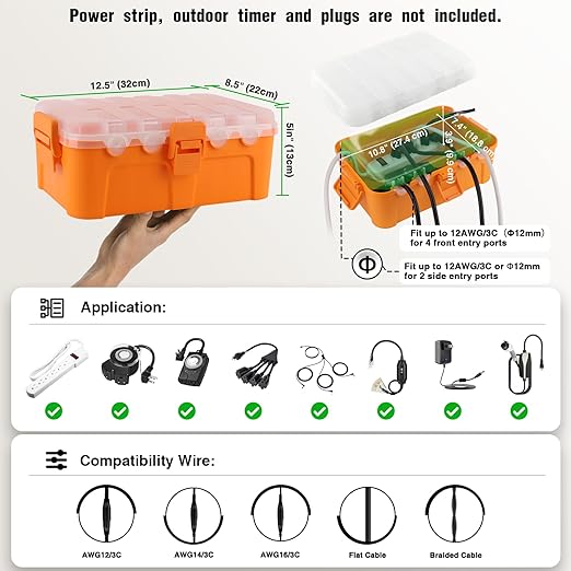 Flemoon Outdoor Electrical Box with Transparent Lid, IP54 Waterproof Box with Clear Cover for Photocell Light Sensor Timer, Power Strip, Outlet, Plug, Socket, Orange