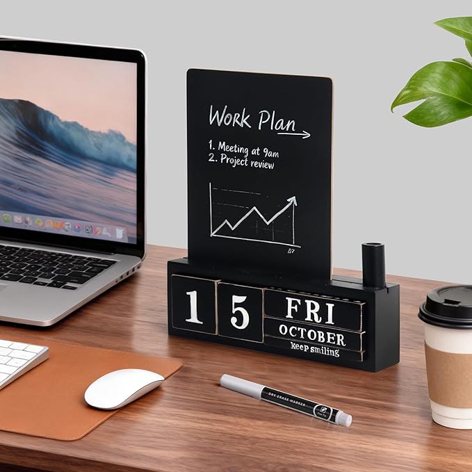SELEAD Wooden Block Desk Calendar with Chalk Board - Daily Desktop Perpetual Calendar Words Sign Quotes for Home Office Classroom Decor, Teachers Students - Black