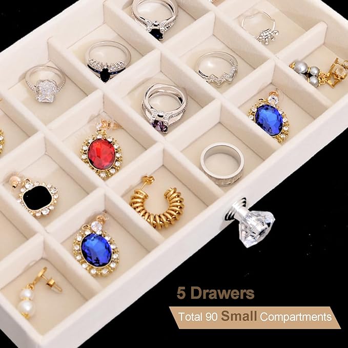 SPAKOWN Earring Box Holder Organizer Display Case, Clear Velvet Jewelry Storage Tray Organizer for Earring Ring Stud (Beige - 5 Drawers)