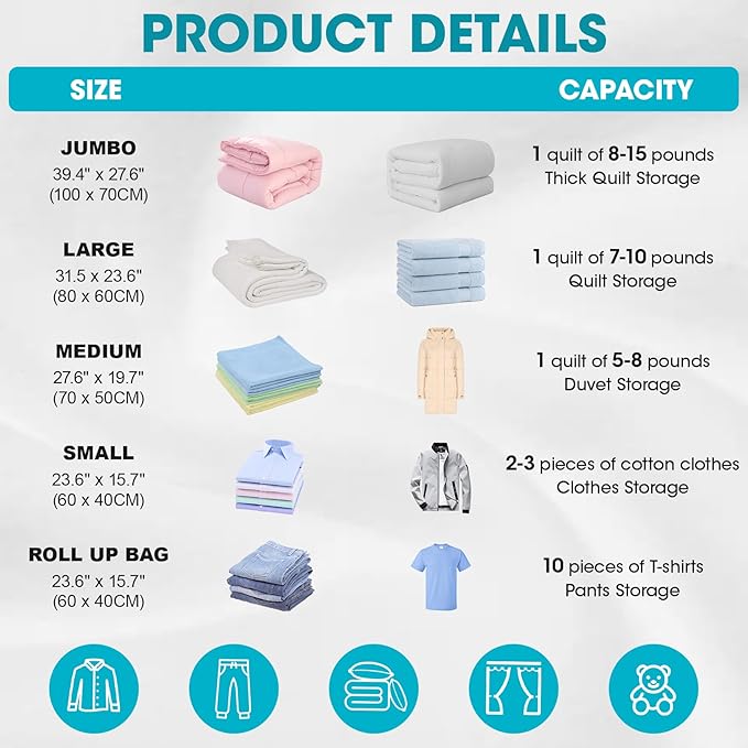 25 Pack Vacuum Storage Bags with Electric Pump, Compression Space Saver Vacuum Seal Bags 5 Jumbo/5 Large/5 Medium/5 Small/5 Roll Up Bags for Clothing Travel Comforters Blankets Pillows Bedding Duvets