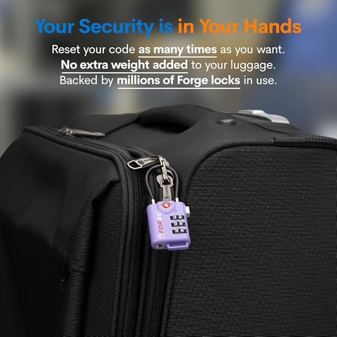 Forge TSA Approved Luggage Locks, Resettable Combination with Alloy Body, Purple 4 Locks.