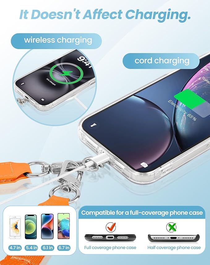 SHANSHUI Clip and Go Phone Lanyard Wallet, Hands-Free Crossbody Strap with Zipper Pocket & ID Window, Includes 2 Metal Tether Pads for Phones, Keys, Earphones, Accessories Orange