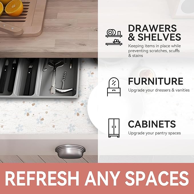 RAY STAR Shelf Liner, Non Adhesive White Floral Cabinet Liner for Pantry Drawer, Strong Grip Non Slip Waterproof, Shelf Liners for Kitchen Cabinets Organization 18 Inch x 8 FT (5 Rolls)