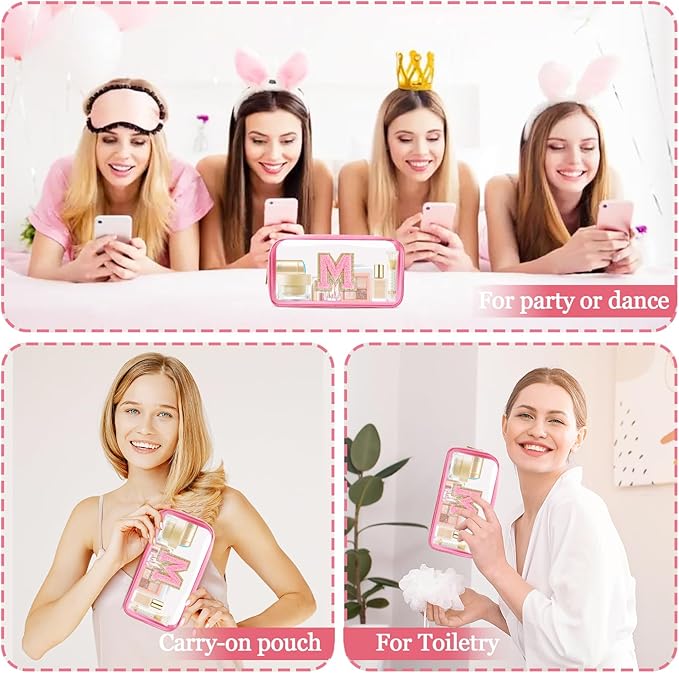 Small Clear Personalized Initial Makeup Bag,Nylon Preppy A-Z Chenille Letter Patch Cosmetic Pouch Beach Toiletry Bag,Waterproof Zipper Travel Purse Storage Bag Organizer for Women Girls(Pink-Pink M)