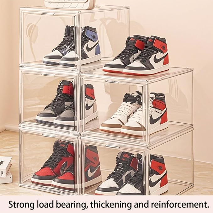 Fully transparent magnetic door shoes storage box for household use multifunctional plastic stackable dustproof shoe box space-saving