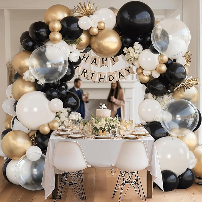 Black and White Sand Balloons Arch Kit, 128pcs Matte Black White Cream Balloons Garland Kit with Chrome Gold Clear Balloons for Birthday Party Graduation Wedding New Year Eve Decorations