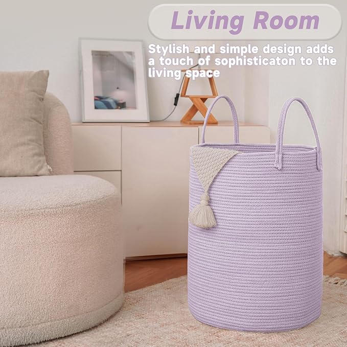 Large Woven Laundry Basket Hamper, 80L Cotton Rope Storage Bin for Blankets, Toys, and Clothes, Decorative Tall Nursery Hamper for Living Room, Baby Nursery, Bathroom, and Bedroom, Purple