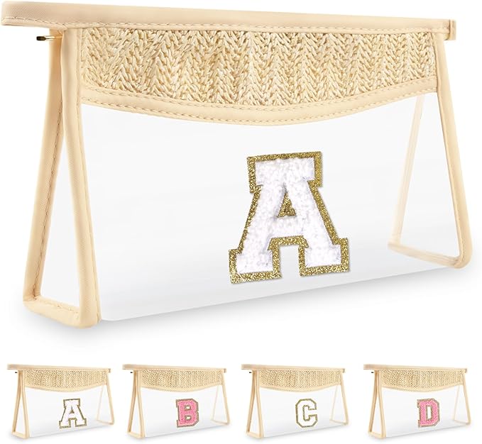 Personalized Initial Letter Bag Boho Straw Clear Makeup Bag, Small Cute Chenille Varsity Letter Bag With Zipper, Beach Travel Toiletry Bag, Portable Monogrammed Cosmetic Bag for Women Girls, A