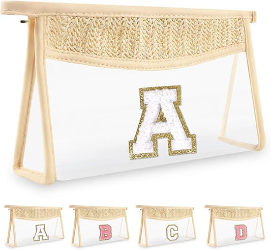 Personalized Initial Letter Bag Boho Straw Clear Makeup Bag, Small Cute Chenille Varsity Letter Bag With Zipper, Beach Travel Toiletry Bag, Portable Monogrammed Cosmetic Bag for Women Girls, A