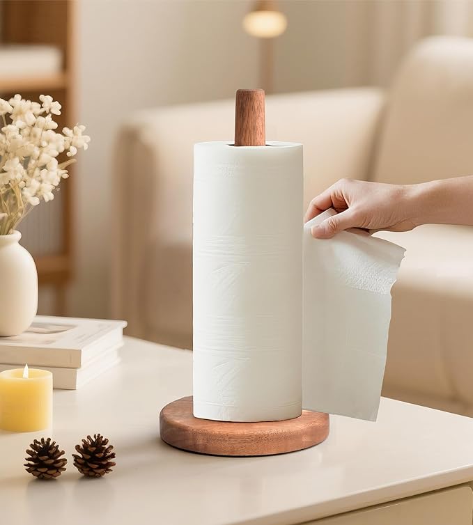 KitchLife Acacia Wooden Paper Towel Holder Countertop, Large Size - Freestanding Paper Towel Dispenser Stand Organizer with Large Anti-Skid Base