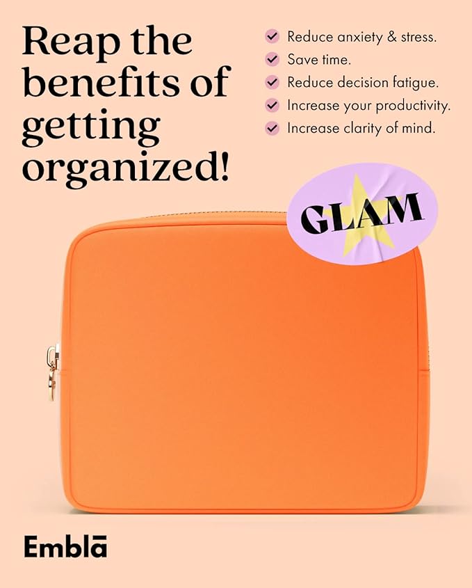 Embla Makeup Bag Travel Cosmetics Pouch and Toiletry Bag, Nylon Zipper Pouch Purse, Cute Make Up Organizer Storage Tote for Women Girls, Waterproof Travel Skincare Case, Large Makeup Bags, Peach