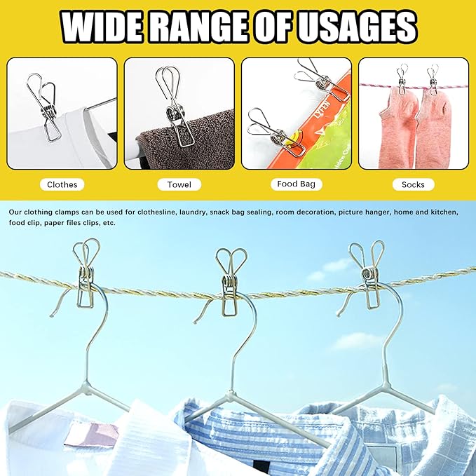 145 Pcs Multi-Purpose Stainless Steel Clothes Pins with Spring Lanyard Hook, 4/6/8 CM Windproof Metal Wire Utility Clips Clothespin, Bag Clips, Heavy Duty Tightly Seals Chip for Home Office