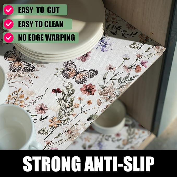 Floral Shelf Liners 24IN x 10FT Non Adhesive and Strong Non-Slip Shelf and Drawer Liners for Kitchen Cabinet Wire Fridge, Waterproof Shelf Drawer Liner,Easy to Clean