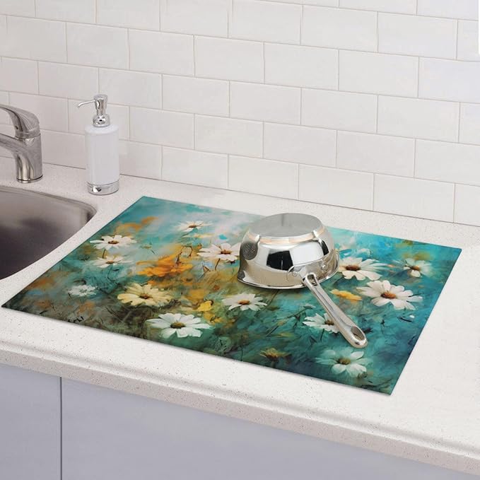 Watercolor Flowers Daisy Absorbent Dishes Drainer/Rack Mat for Countertop Large Size 18 x 24, Microfiber Dish Drying Pads Kitchen Counter Draining Pad, Teal