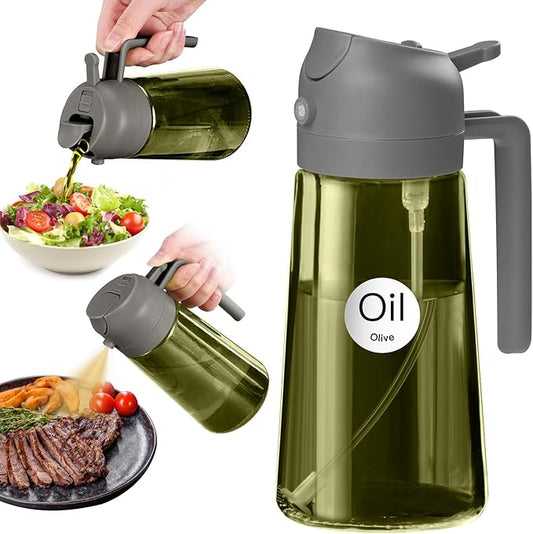 YARRAMATE 16oz/470ml Dark Green Oil Sprayer for Cooking with Stickers, Food-grade Premium 2 in 1 Olive Oil Dispenser Bottle for Kitchen Gadgets, Air Fryer, Salad, Frying, BBQ (Grey)