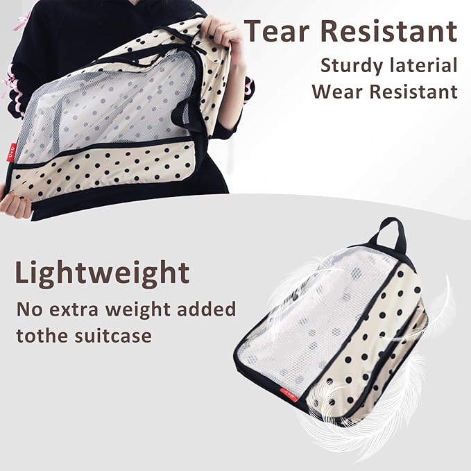 U+U 10 Set Compression Packing Cubes - Ultralight Travel Organizers with Laundry Bag and Cosmetic Bag, Space-Saving Suitcase Organizer for Travel, Business Trip and Family Vacation (Polka Dot)