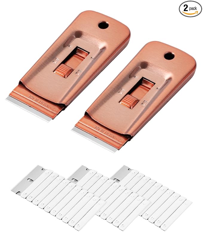 Bates- Metal Razor Blade Scraper Tool, 2 Pack, 30 Extra Blades, Rose Gold, Heavy-Duty Cleaning Razor Scraper Tool
