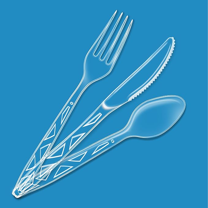 Amazon Basics Disposable Clear Plastic Cutlery Set, Premium Quality, Strong, 192 Count, Large Combo Pack Forks, Spoons and Knives