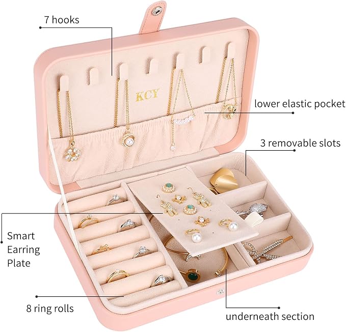 KCY Travel Jewelry Organizer Box for Women Girls, Small Travel Jewelry Case, PU Leather Portable Jewellery Storage Boxes Display Holder for Ring Earrings Necklace Bracelet Bangle, Gifts, Pink
