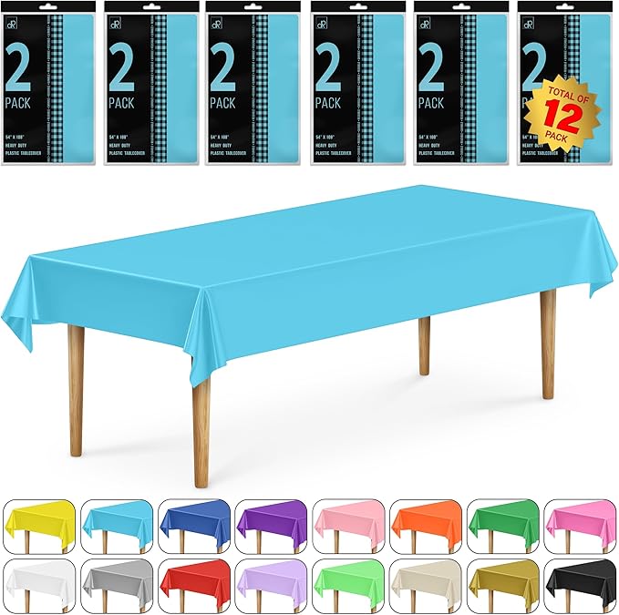 DecorRack 12 Rectangular Tablecloths BPA-Free Plastic, 54 x 108 inch, Dining Table Cloth, Rectangle Table Cover for Parties, Picnic, Camping and Outdoor, Disposable or Reusable, Turquoise (12 Pack)