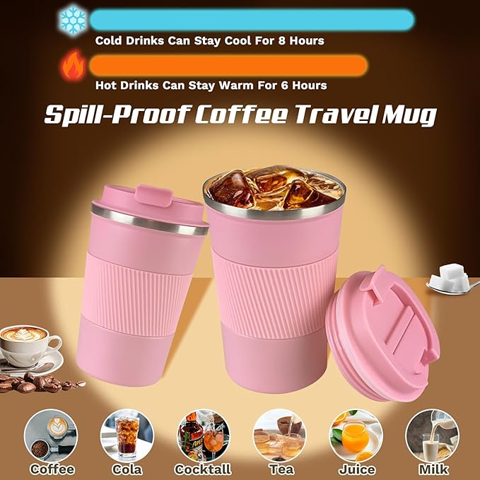 SPLMIFA Vacuum-Insulated Stainless Steel Travel Coffee Mug, Leak-Proof Reusable Coffee Cup with Lid - Keep Hot & Cold Drinks for Hours, Durable Insulated Tumbler for Men & Women(3rd-Pink, 12OZ)
