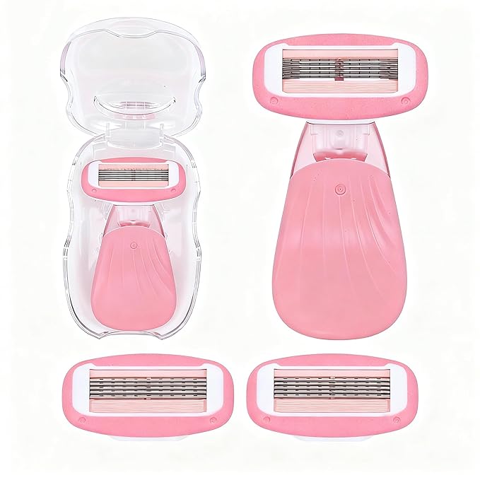 Women Razors moisturizing bar for Sensitive Skin, Travel Razors Shaving Kit Essential - 5-Blade for Sensitive Skin - Bikini, Legs, Underarms - 1 Handle & 3 Refill Cartridges - Pink