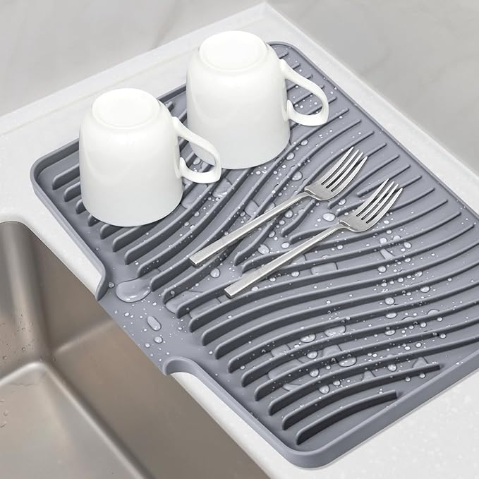 TIKNIK Silicone Dish Drying Mat, Stone Drying Mat for Kitchen Counter with Built-In Drain, Non-Slip Drain Pad with Built-in Drain, Heat Resistant Stone Drying Mat, 1Pcs 20" x 15", Grey