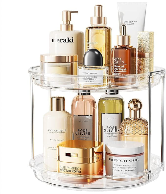 LAMU Rotating Makeup Organizer for Vanity, 10.6in 2 Tier Lazy Susan Turntable Stackable Spinning Skincare Organizer Cosmetic Perfume Tray Display for Bathroom Countertop, Large Capacity, Clear